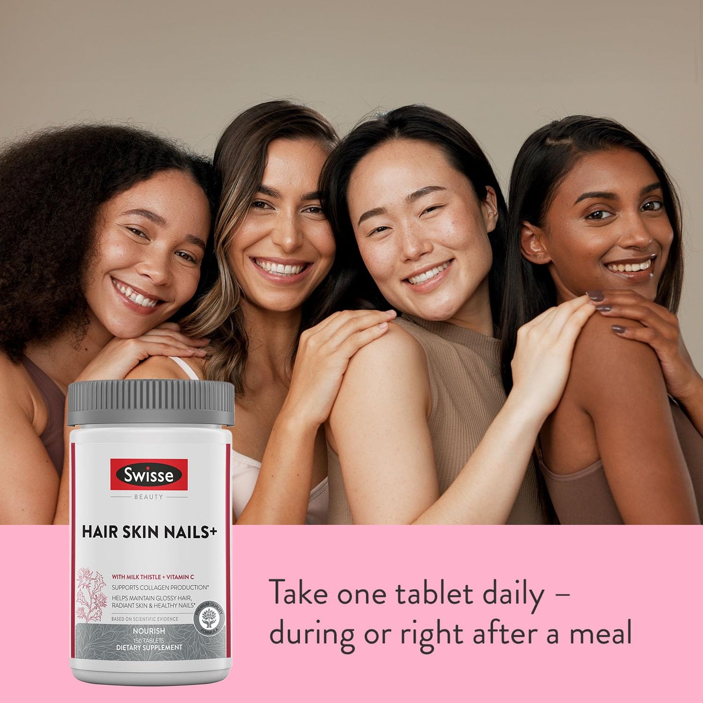 Swisse Biotin Hair Skin & Nails Supplement for Women & Men | 5 Months Supply | Milk Thistle, Biotin, Vitamin C, Zinc & Iron | Supports Hair Growth & Collagen Production | Collagen Supplement | 150 Tablets