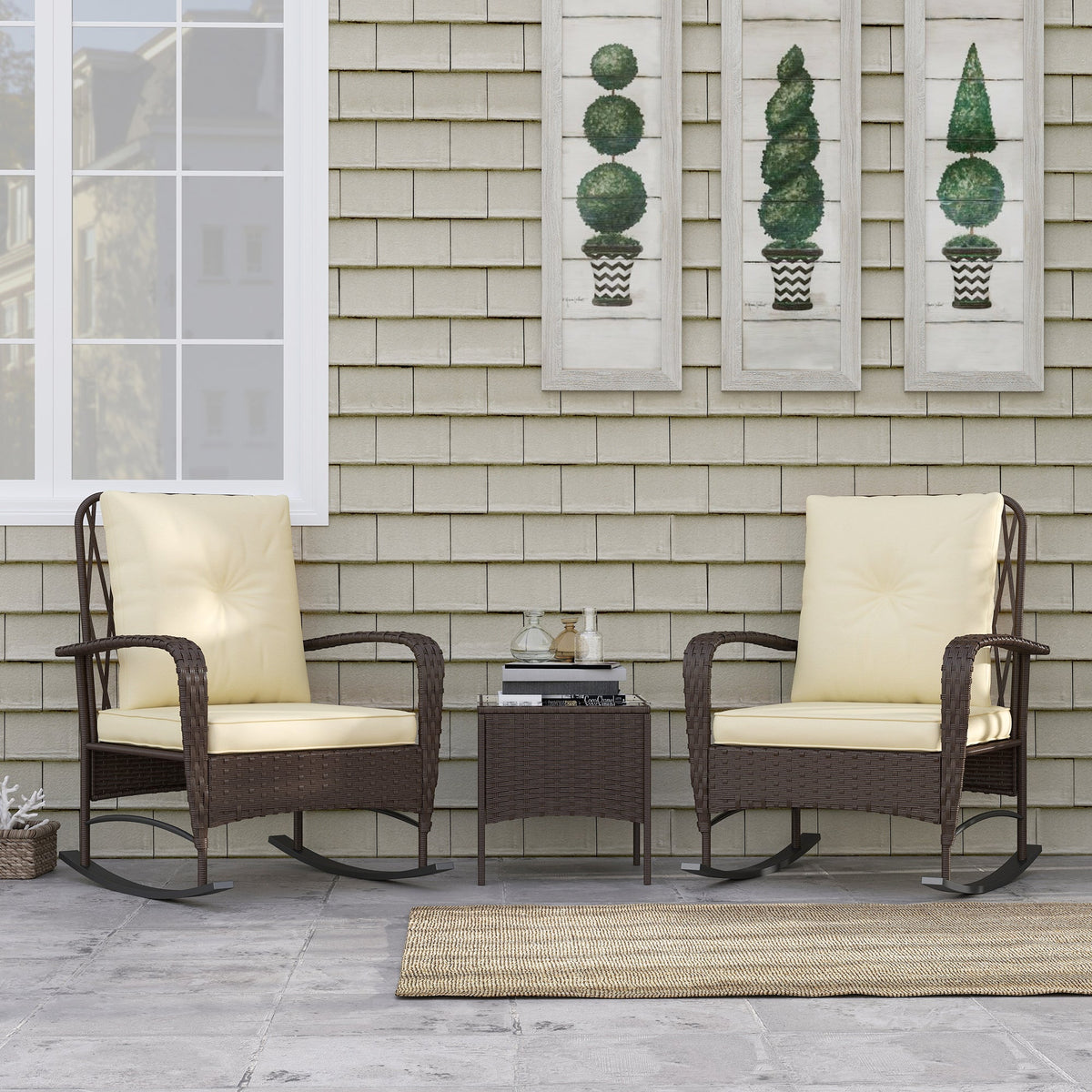 Outsunny Rattan Bistro Set Balcony Furniture with Rocking Chairs, Brown