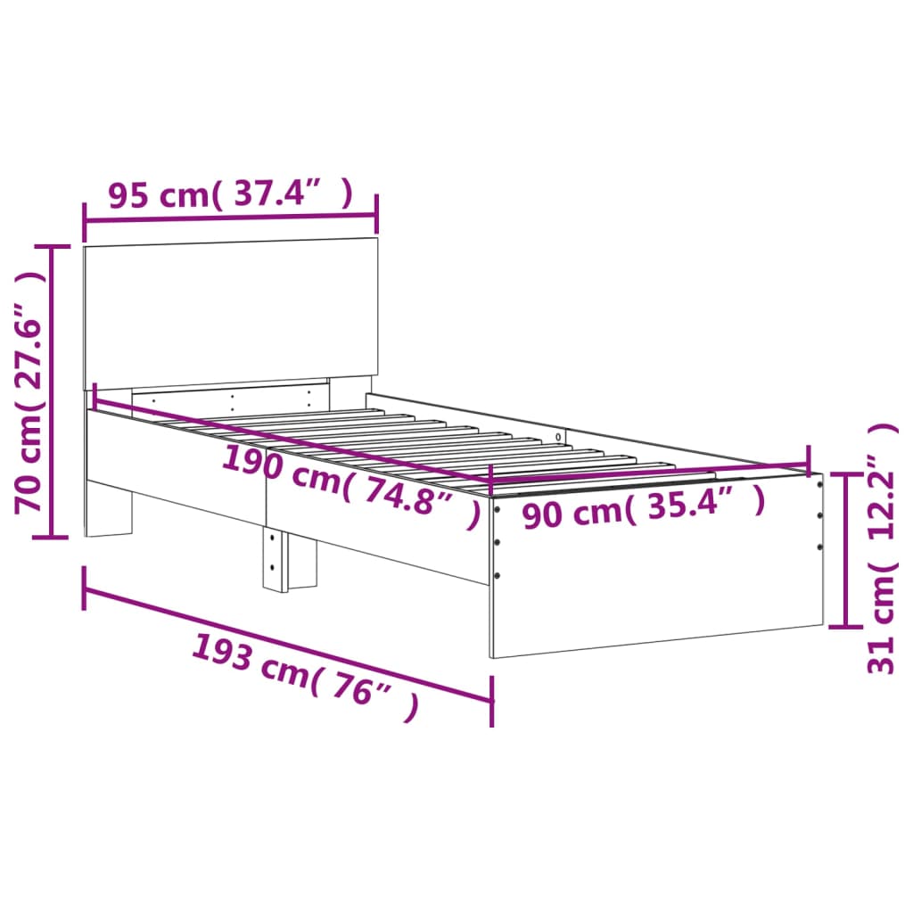 Modern Wooden Single Size 90cm Bed Frame Base With Headboard & LED Lights
