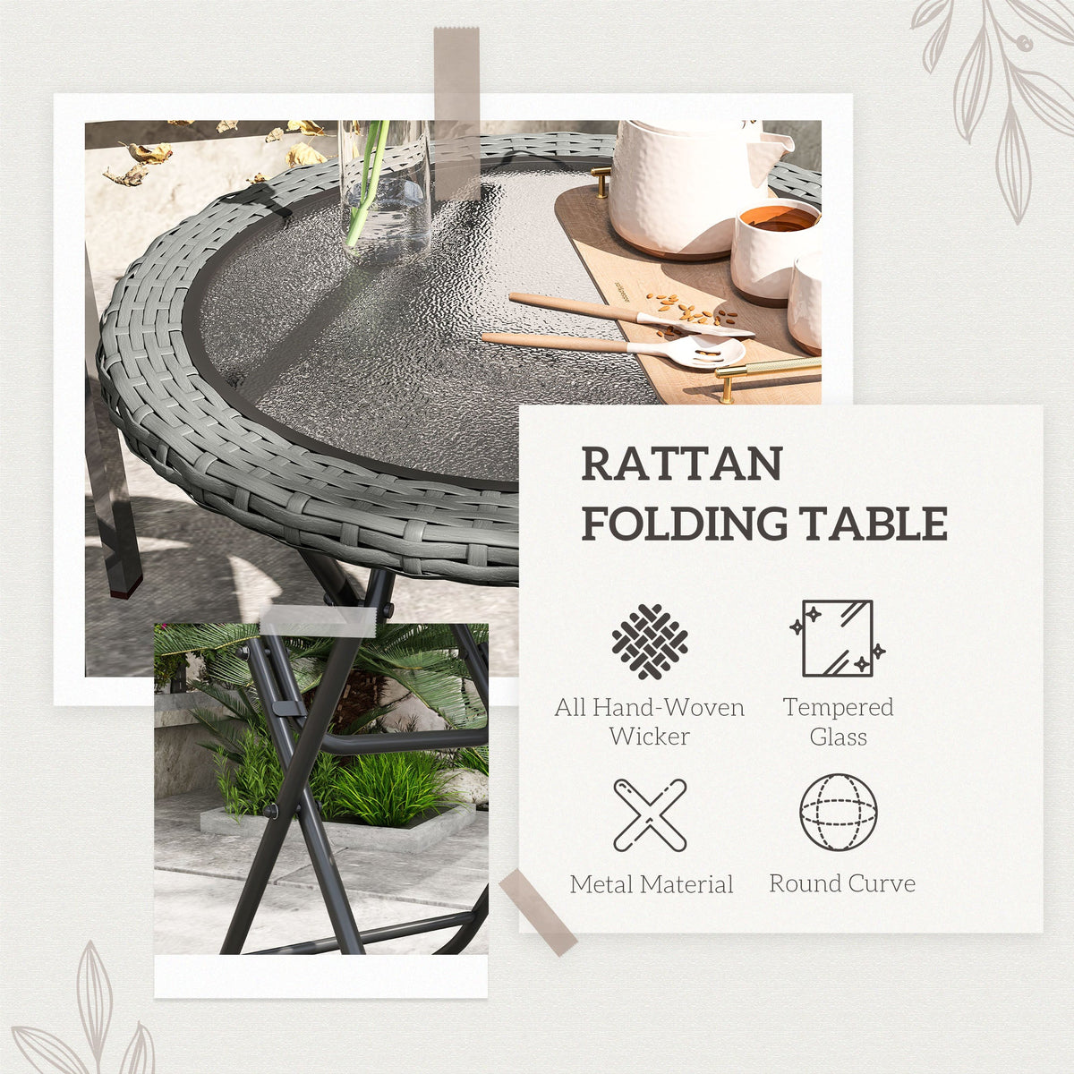 Outsunny Folding Round Tempered Glass Metal Table with Grey Rattan Edging