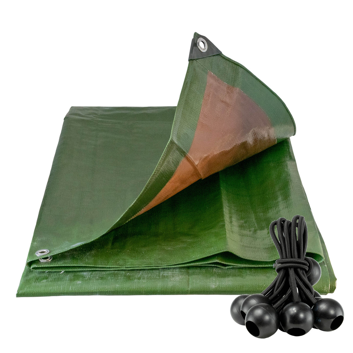 Green/Brown L-Grade Tarpaulin with 10 x 6" Bungee Balls (Black)