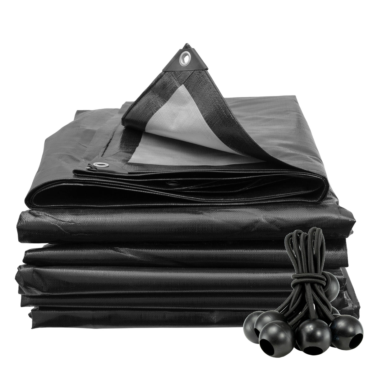 Black/Silver L-Grade Tarpaulin with 10 x 6" Bungee Balls (Black)