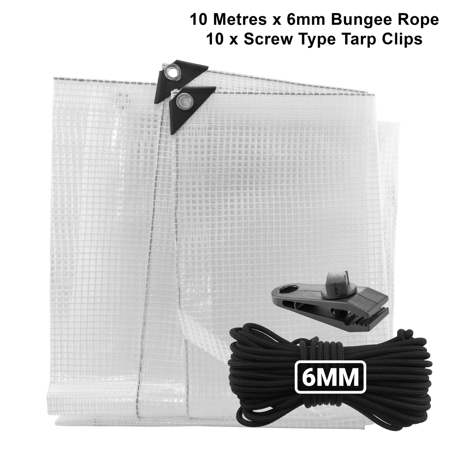 Clear XL-Grade Tarpaulin with 10m of 6mm Bungee Rope and 10 x Screw Type Tarp Clips