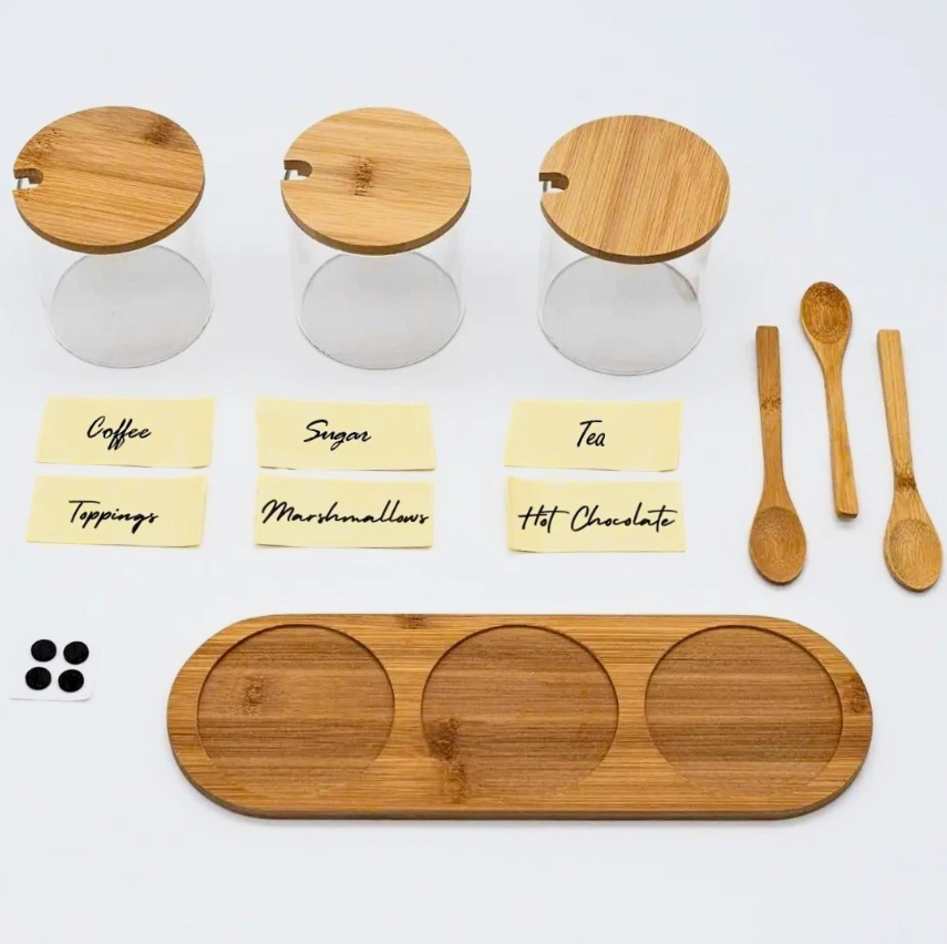 3 Glass Jar Kitchen Station Set with Wooden Tray