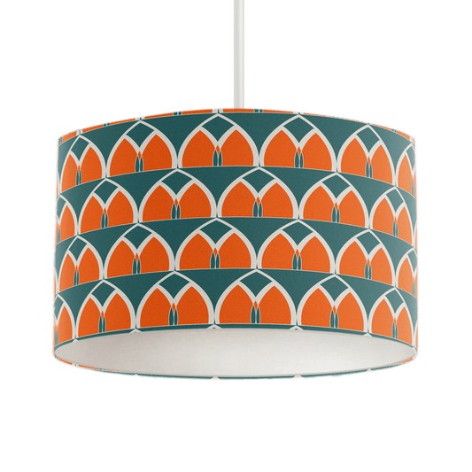 Teal and Orange Drum Lampshade, Geometric Arches Design Shade for Table, Floor or Ceiling Pendant Light