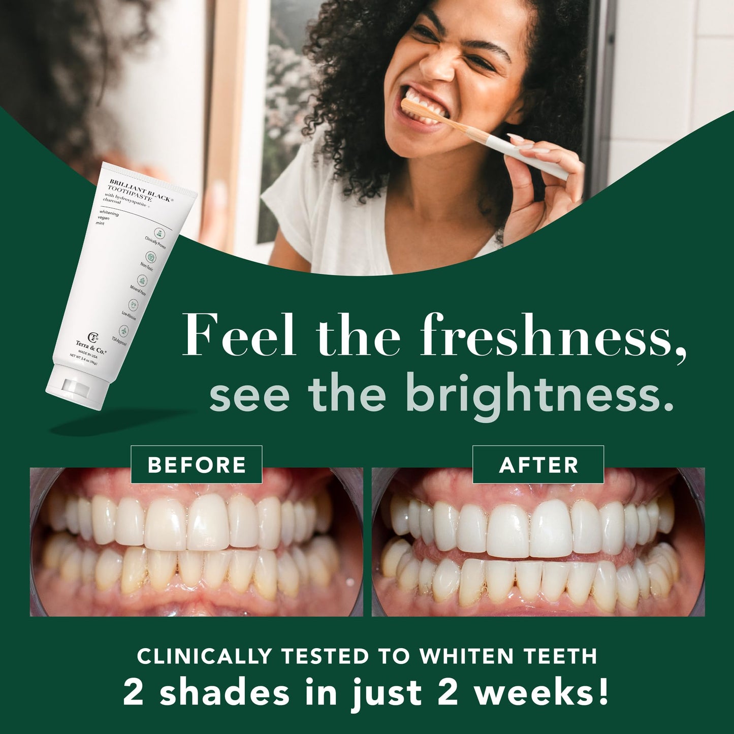 Terra & Co. Brilliant Black Hydroxyapatite Toothpaste for Whitening Teeth – USA-Made, Fluoride-Free, Vegan, SLS-Free, Low Abrasion – Mint, 3.4 oz