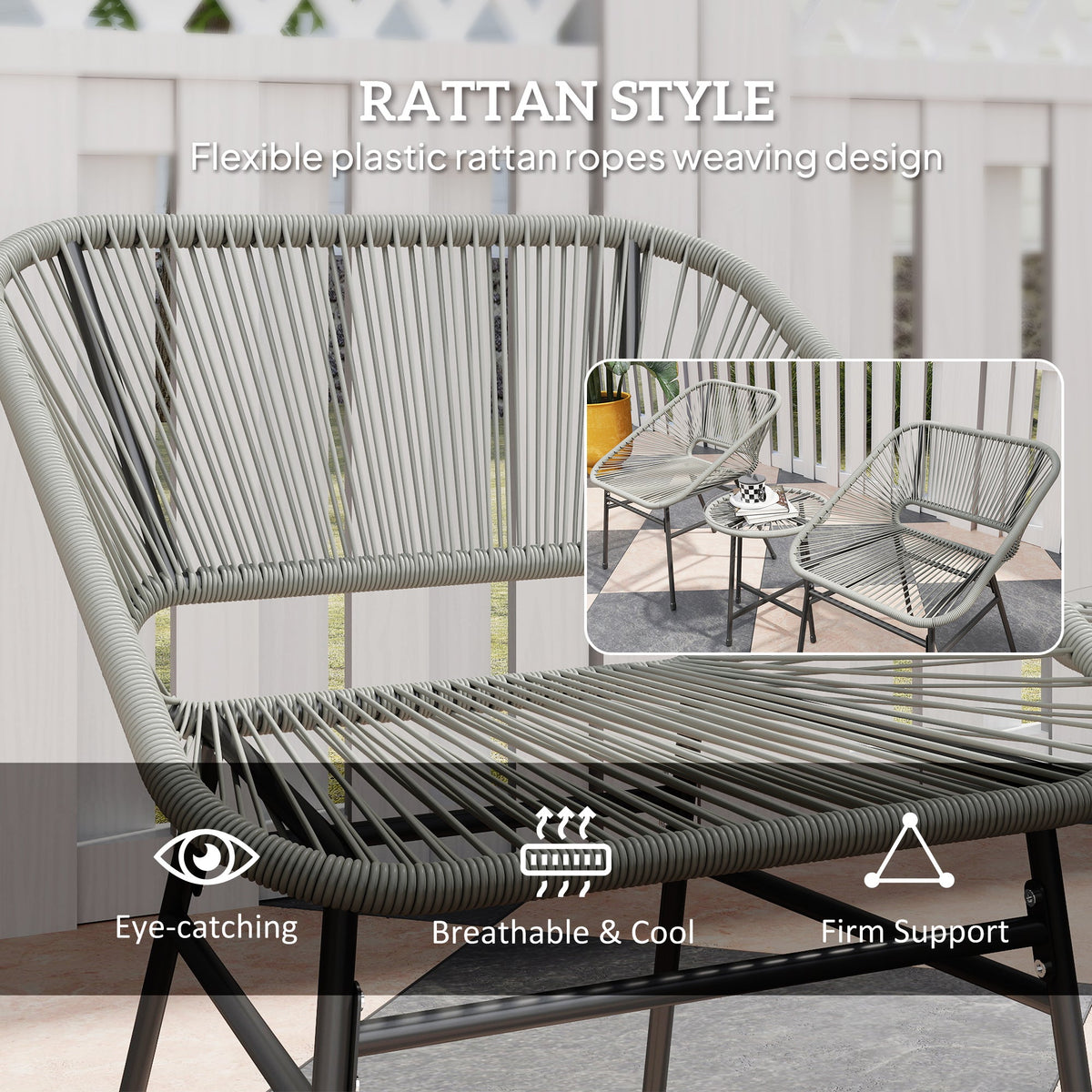 Outsunny Rattan Bistro Set, Small Balcony Furniture with Cushion, Light Grey