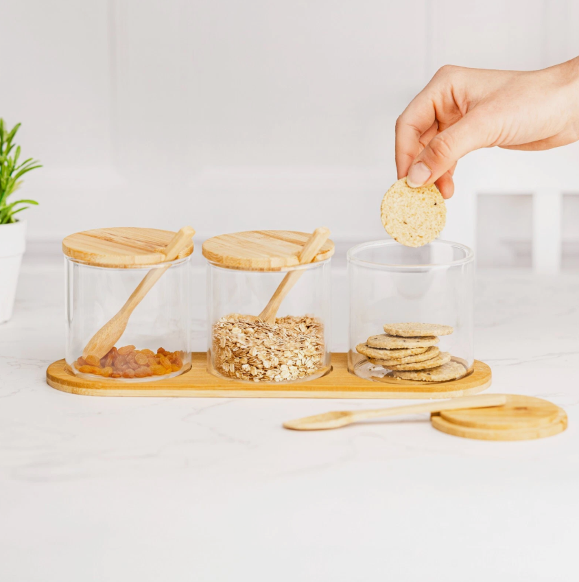 3 Glass Jar Kitchen Station Set with Wooden Tray