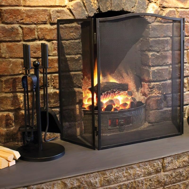 3 Panel Black Foldable Steel Fire Screen Guard 94 x 59cm