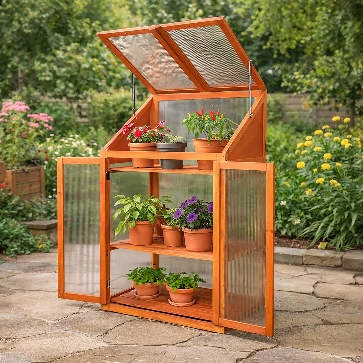 Large 3 Tier Wooden Garden Greenhouse with Polycarbonate Panels