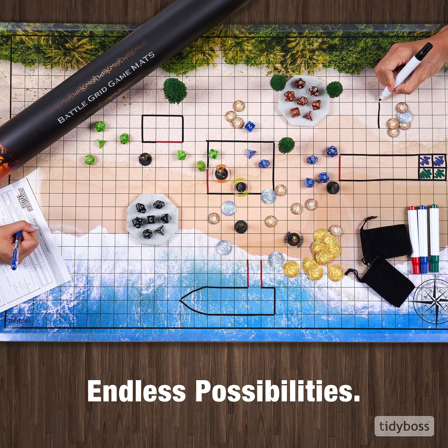 Tidyboss DND Expansion Pack: 3 Double-Sided 24x36 Battle Grids + 6 Terrains