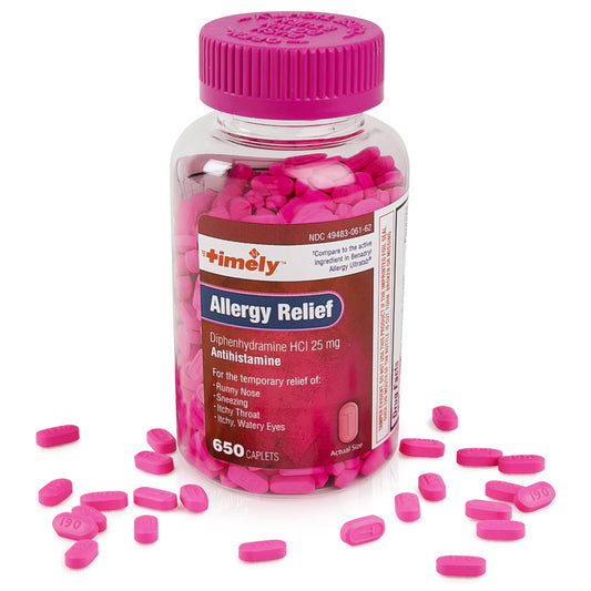 Timely Allergy Relief Diphenhydramine HCl 25 mg | 650 Caplets | Adults | Comparable to Benadryl