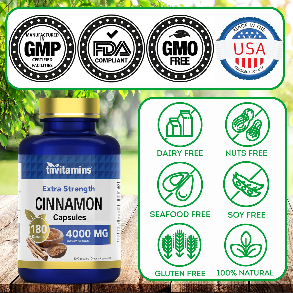 tnvitamins Cinnamon Capsules 4000 mg Equivalent – Cassia & Ceylon Blend, USA Made, 2-Pack