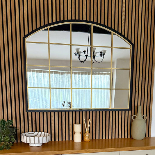 Tomi - Black & Gold Metal Arched Lattice Window Mirror - 95cm x 120cm