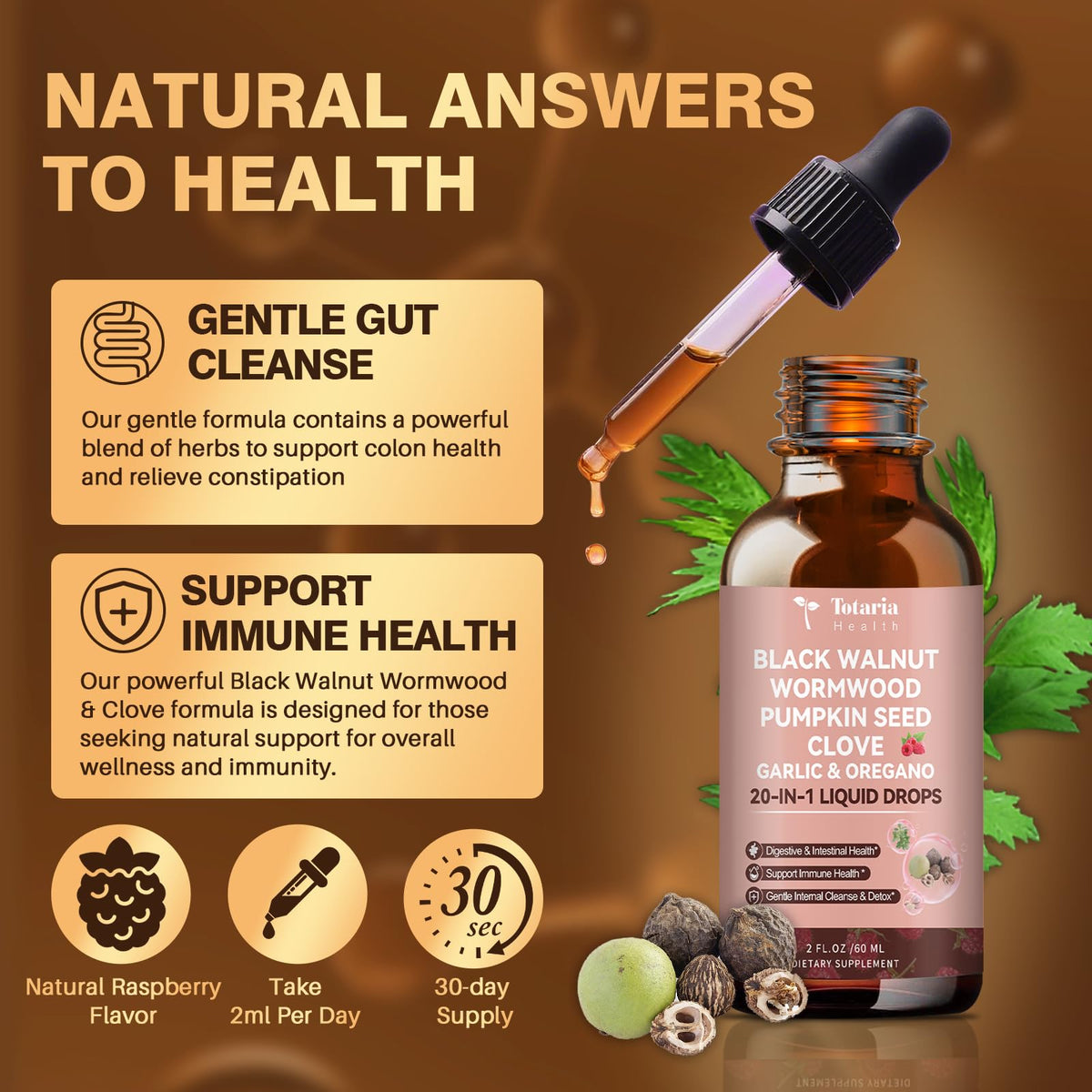 Totaria 2 Pack 20 in 1 Black Walnut Wormwood Tincture – Raspberry Flavor, Alcohol-Free, Digestive Health