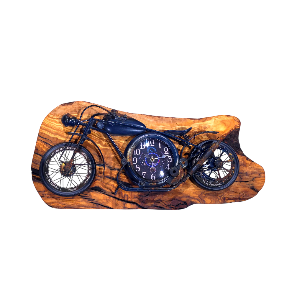 Motorcycle Olive Wood Clock | Vintage Luxury Wall Art