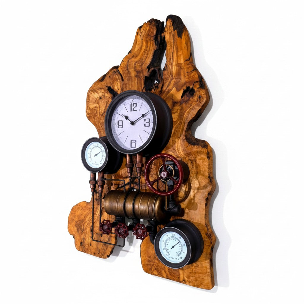 Industrial Steampunk Multi-Gauge Freeform Olive Wood Clock | Luxury Weather Station Art