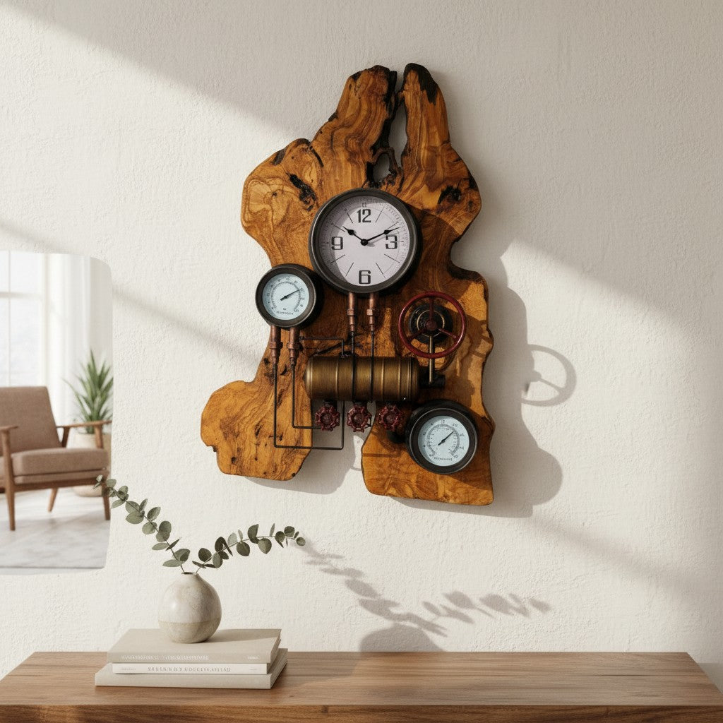 Industrial Steampunk Multi-Gauge Freeform Olive Wood Clock | Luxury Weather Station Art