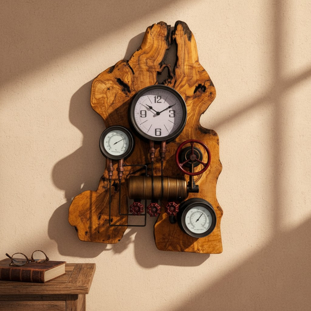 Industrial Steampunk Multi-Gauge Freeform Olive Wood Clock | Luxury Weather Station Art