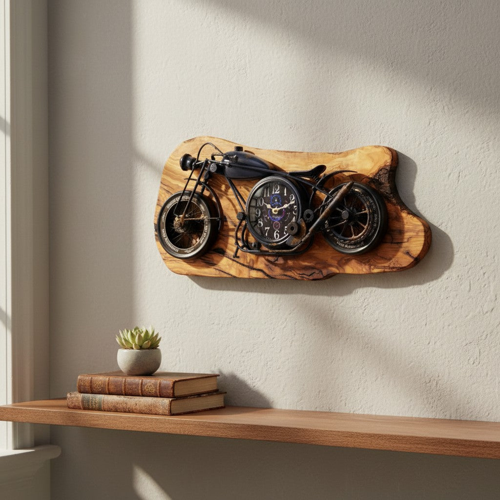 Motorcycle Olive Wood Clock | Vintage Luxury Wall Art