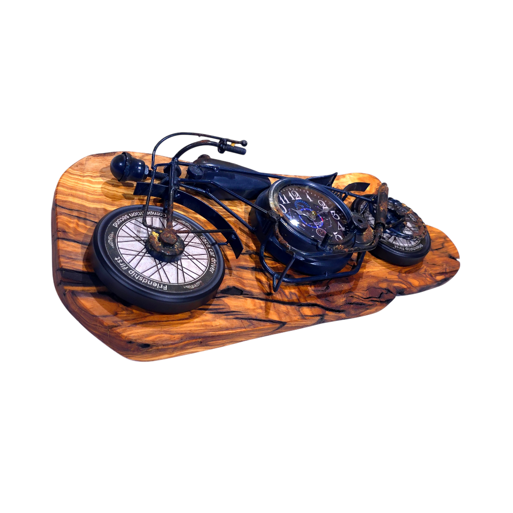 Motorcycle Olive Wood Clock | Vintage Luxury Wall Art