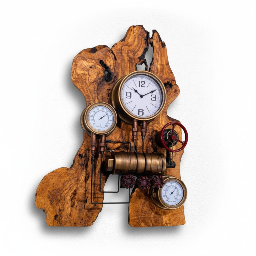 Industrial Steampunk Multi-Gauge Freeform Olive Wood Clock | Luxury Weather Station Art