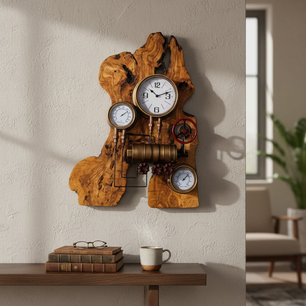 Industrial Steampunk Multi-Gauge Freeform Olive Wood Clock | Luxury Weather Station Art