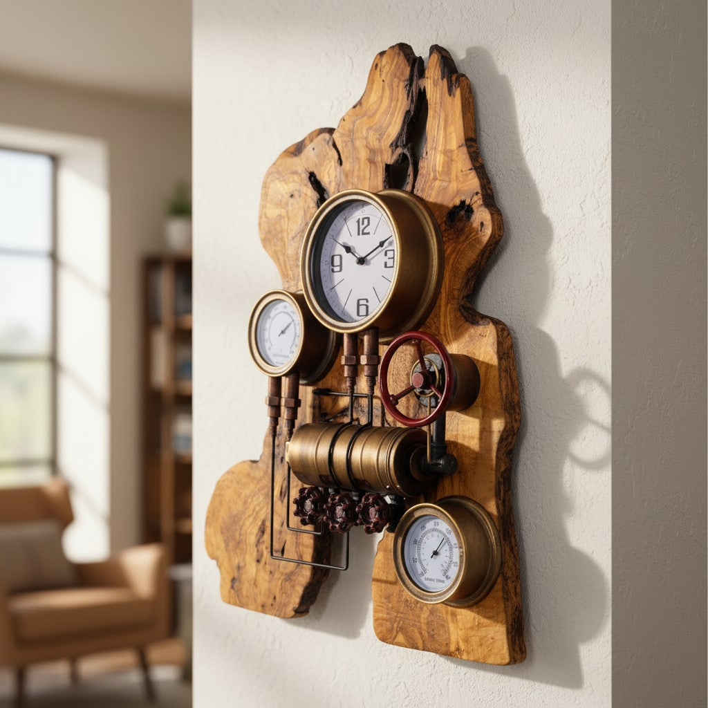 Industrial Steampunk Multi-Gauge Freeform Olive Wood Clock | Luxury Weather Station Art