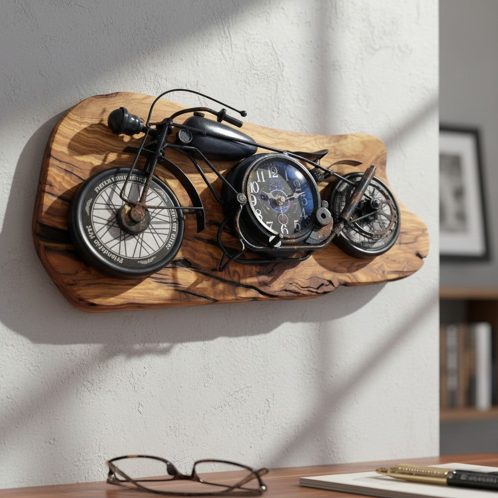 Motorcycle Olive Wood Clock | Vintage Luxury Wall Art