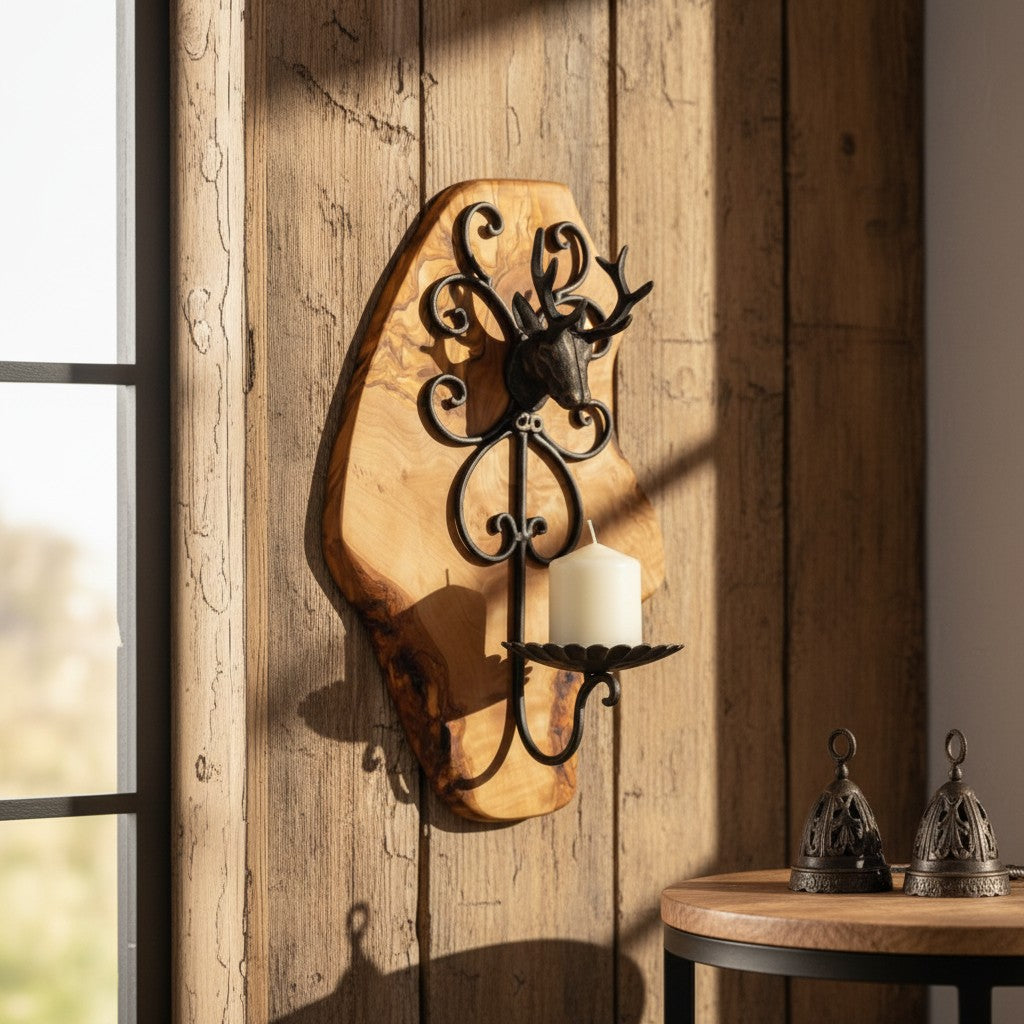 Rustic Olive Wood Stag Candle Holder Wall Sconce | Luxury Live Edge Deer Decor