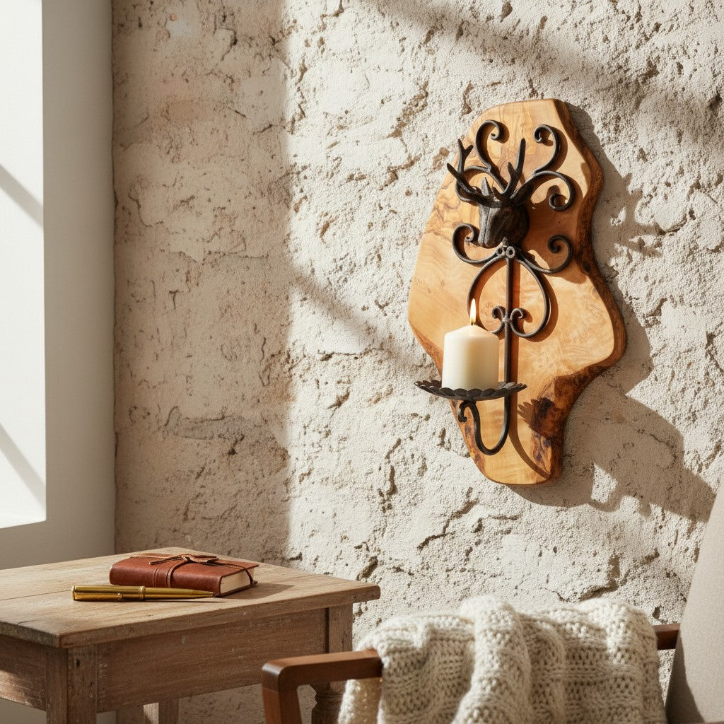 Rustic Olive Wood Stag Candle Holder Wall Sconce | Luxury Live Edge Deer Decor