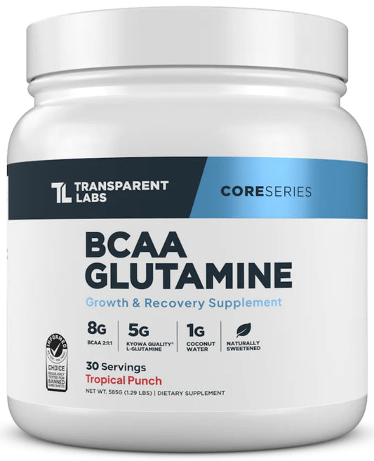Transparent Labs BCAA Glutamine — 8000 Mg BCAA Powder with L Glutamine, Tropical Punch, 30 Servings