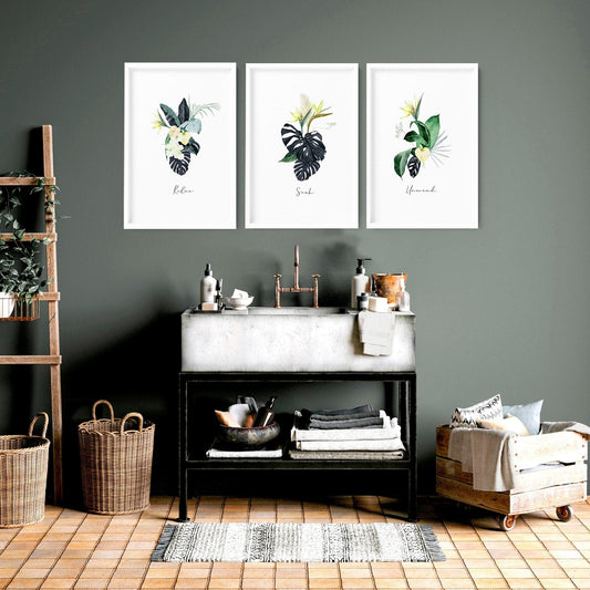 Decoration for bathroom walls | Set of 3 Tropical wall art