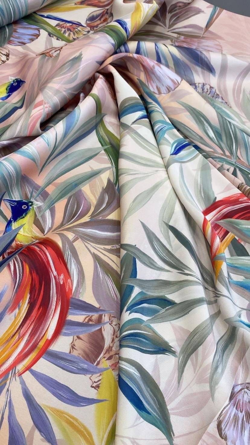 Tropical Bird and Leaf Print Fabric Sold by Metre