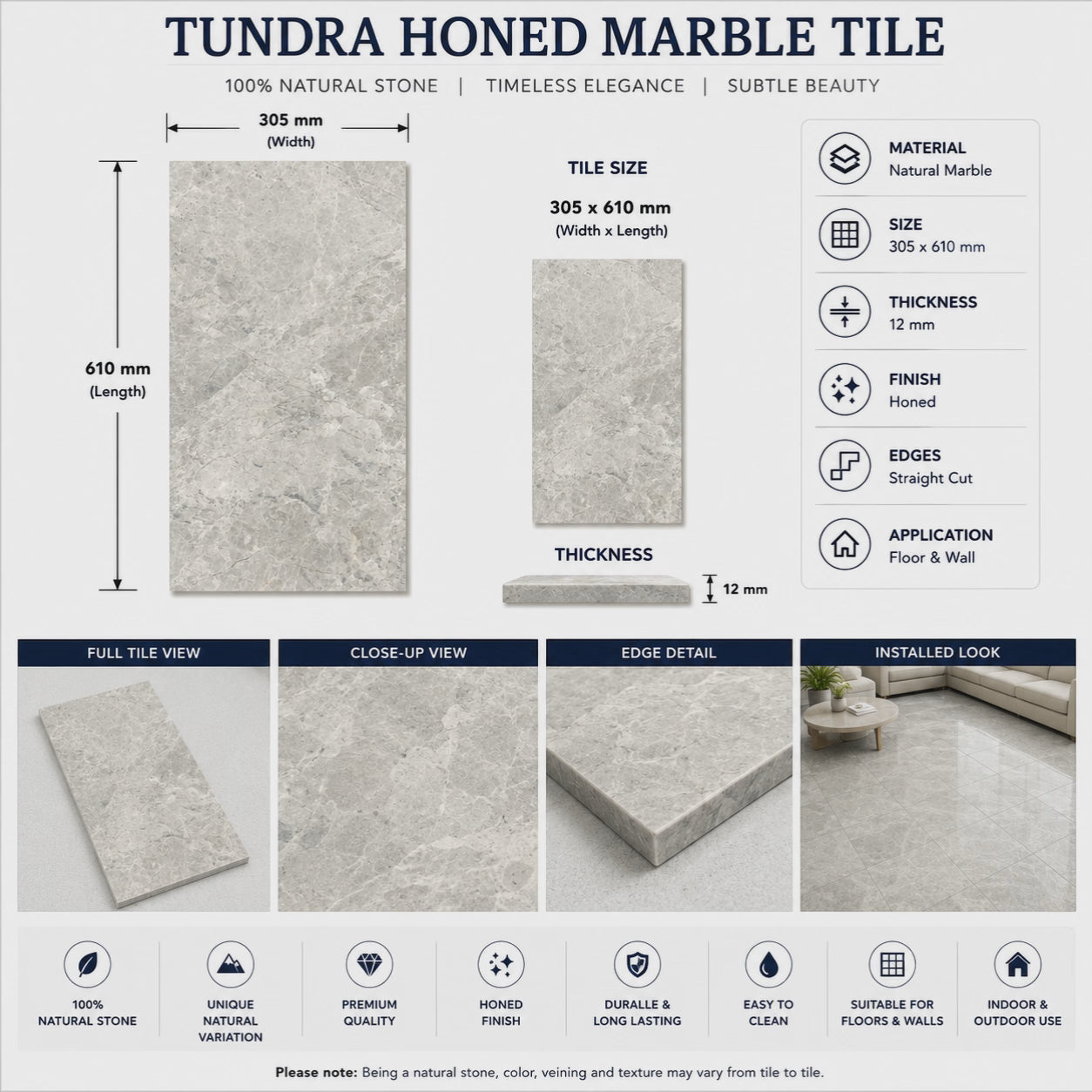 Tundra Gray Honed Marble Tile 305×610×12 mm