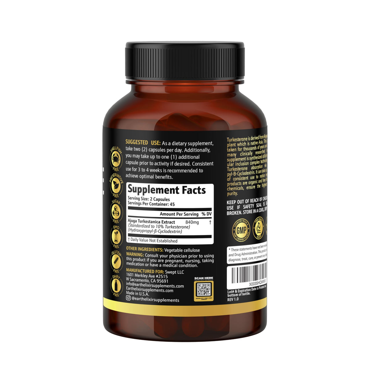 Turkesterone 840 mg – Natural Testosterone Support - 100% Pure Turkesterone Supplement for Men & Women - Ajuga Turkestanica Extract - Made in USA & 3rd Party Tested for Strength, Energy & Vitality
