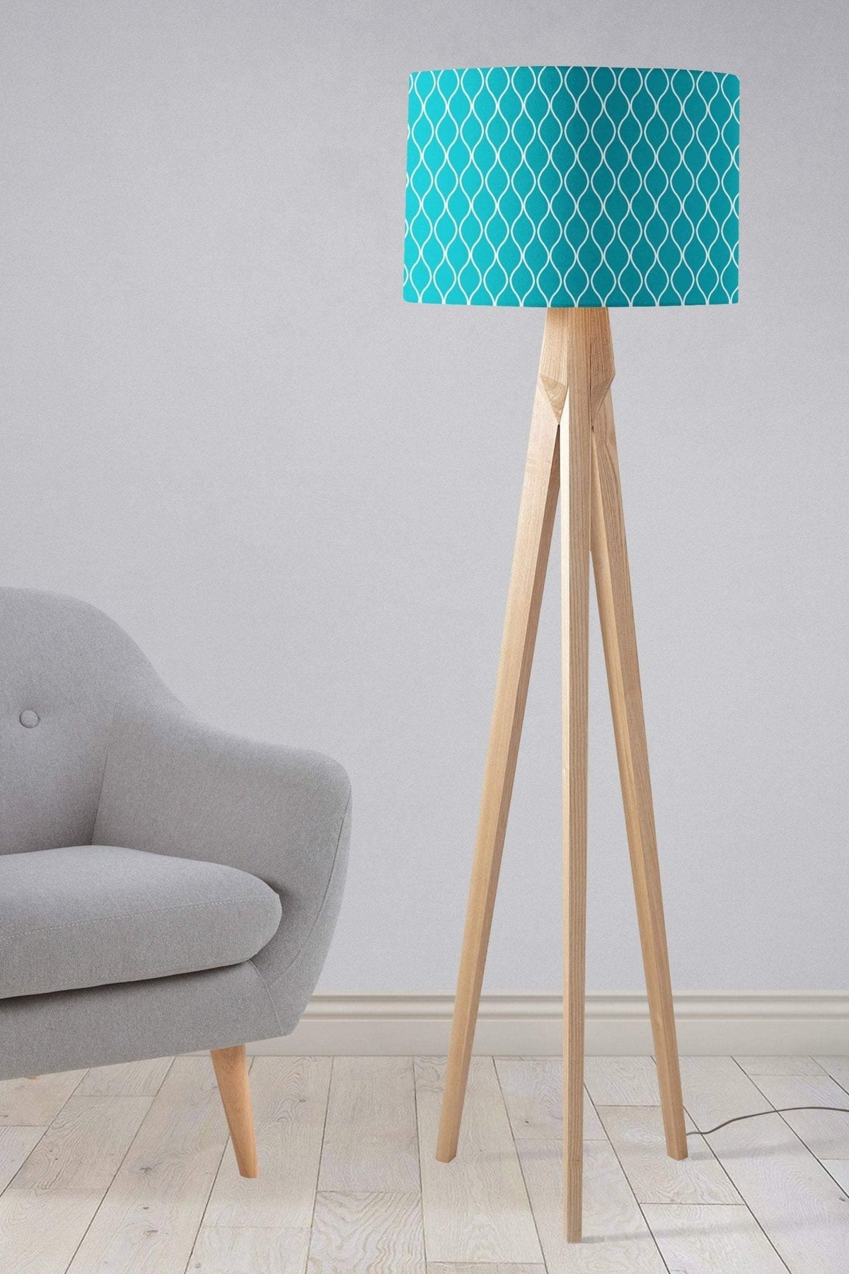 Turquoise Drum Lampshade, White Geometric Design Shade for Table, Floor or Ceiling Pendant Light