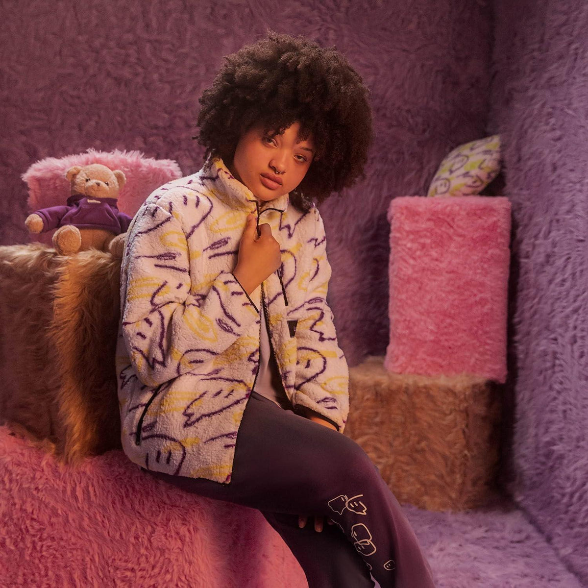 Twitch Zip Sherpa Jacket Mock Neck, Full Zip Oversized Fit with Graphic Pattern