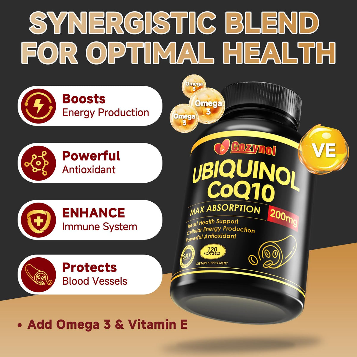 Ubiquinol CoQ10 200mg Softgels with Vitamin E & Omega-3 | 120 Count