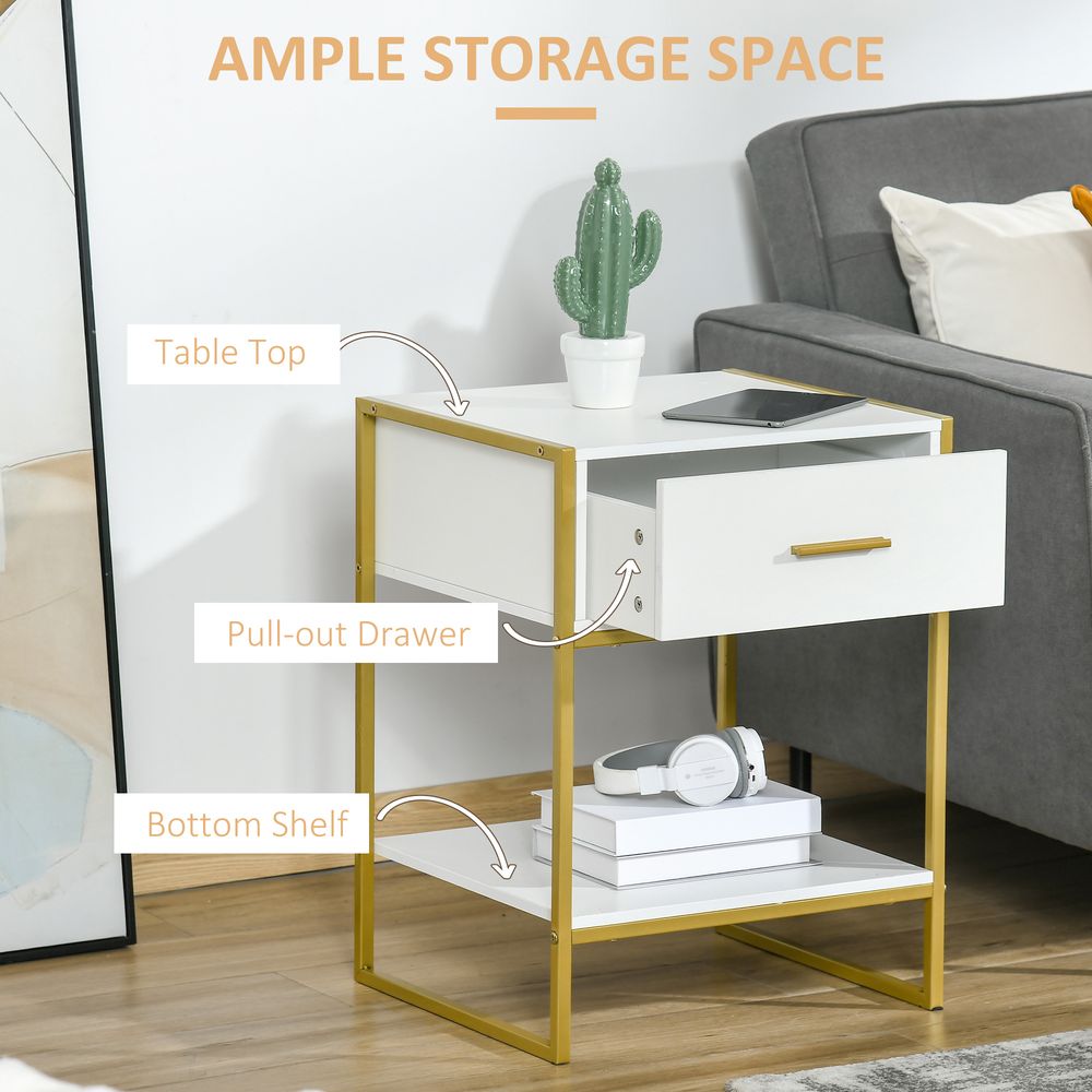HOMCOM Modern Bedside Table, Nightstand with Drawer Shelf, Side Table for Living room, Bedroom White and Gold