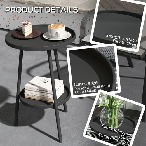 Outsunny Round Garden Table, 2-Tier Metal Patio Table Coffee Table, Black