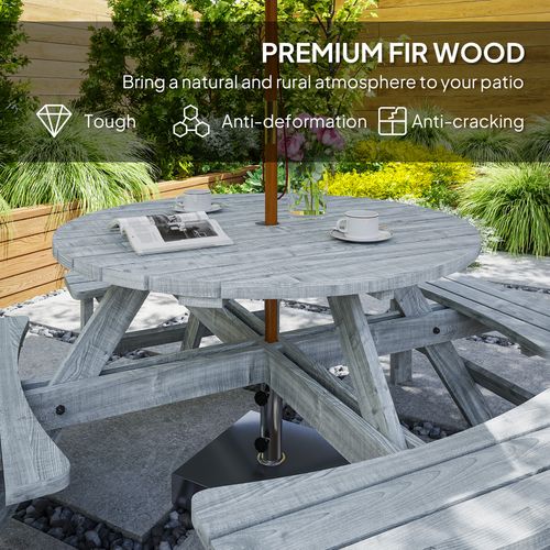 Outsunny 8 Seat Outdoor Wooden Picnic Table with Bench, Parasol Hole, Grey