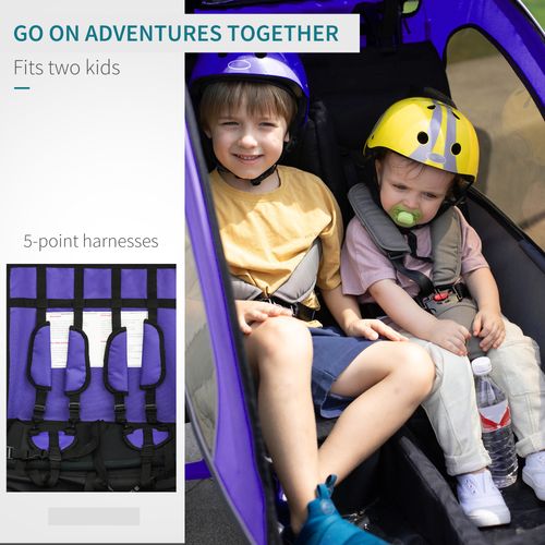 HOMCOM Child Bike Trailer, Baby Bicycle Trailer for 2 Kids with 5 Point Harness, Steel Frame, Reflectors, Safety Flag, Hitch Coupler, Purple