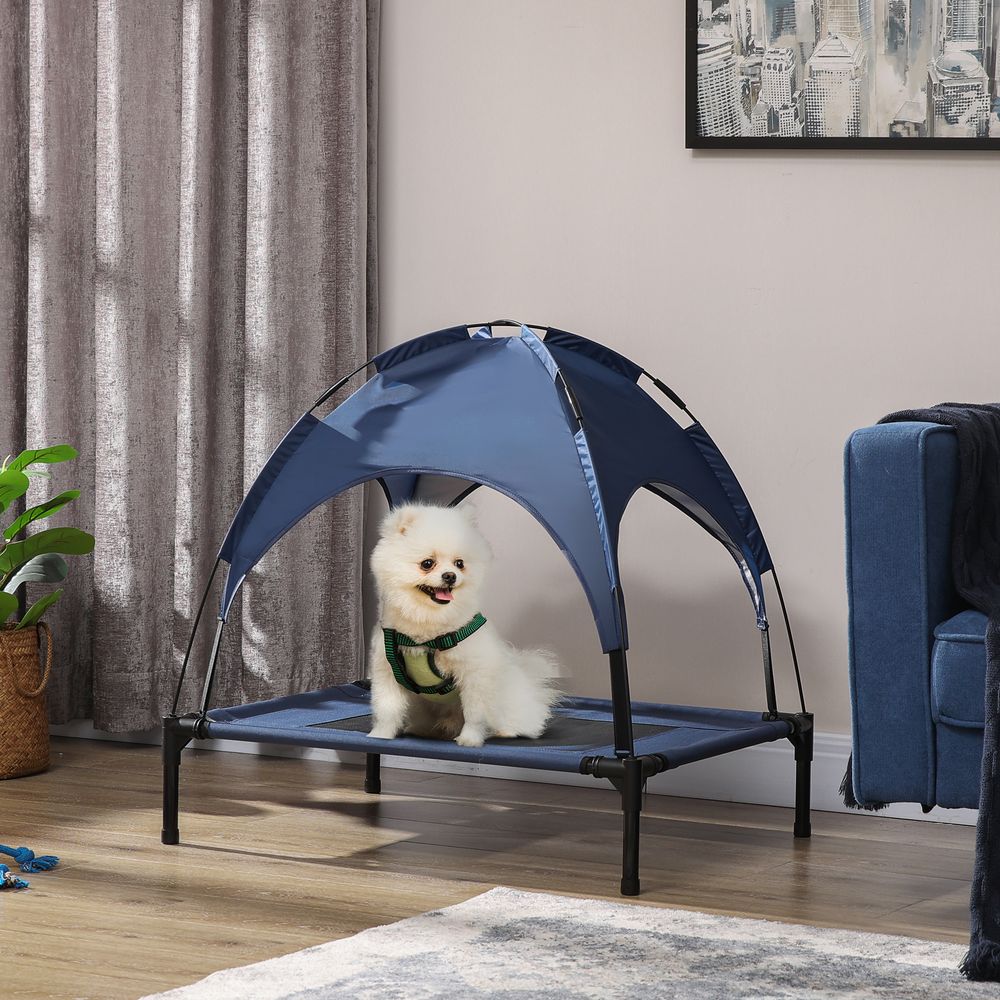 PawHut 76cm Elevated Dog Bed - Cooling Raised Pet Cot with UV Protection Canopy - Blue