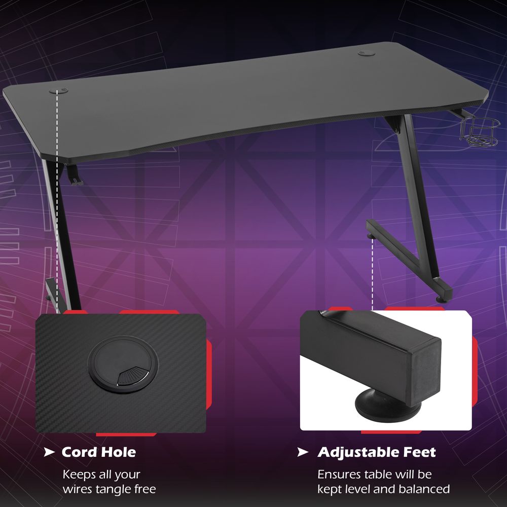 HOMCOM Gaming Desk Steel Frame with Cup Holder, Headphone Hook, Adjustable Feet and Cable Organiser, Home Office Computer Table, Black, Modern, 120 x 65 cm
