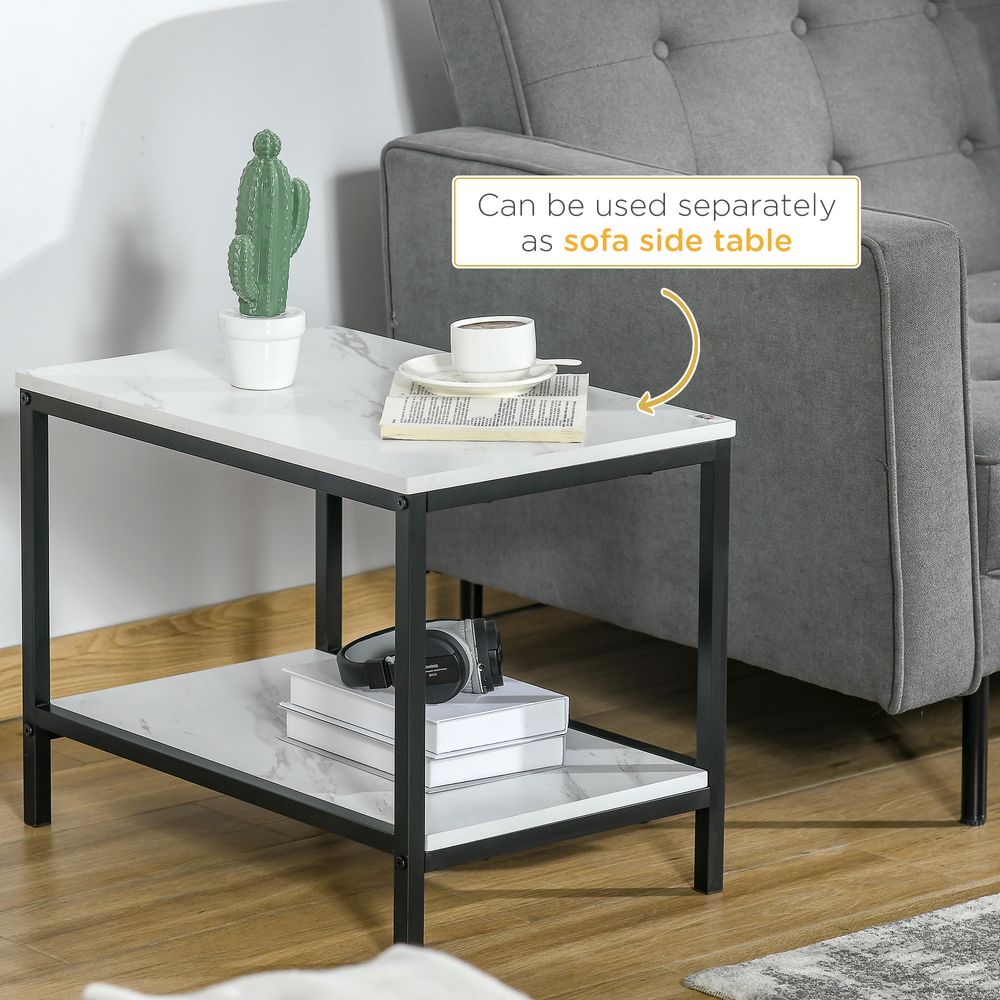 HOMCOM Modern Coffee Table Set of Two, Marble-Effect Nesting Side Tables with Steel Frame for Living Room, White and Black