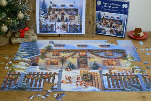 Dogs in a Christmas Cottage Garden 1000 Piece Jigsaw Puzzle