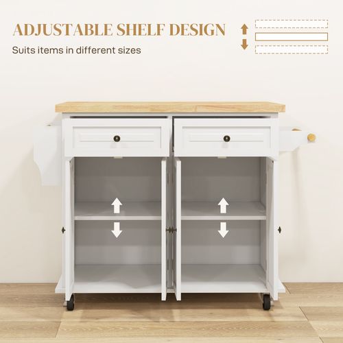 HOMCOM Rolling Kitchen Island Cart with Rubber Wood Top, Spices Cream White