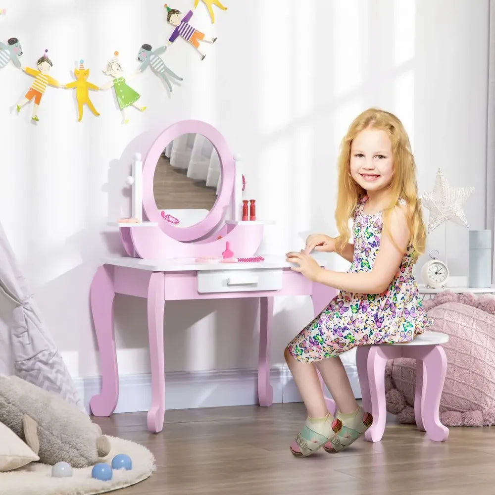 Kids Dressing Table with Mirror and Stool with Drawer for 3-6 Years Old, Pink