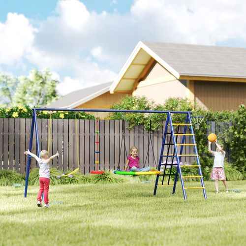 AIYAPLAY 6 in 1 Kids Swing Set with 3 Swings, Climbing Net and Ladder